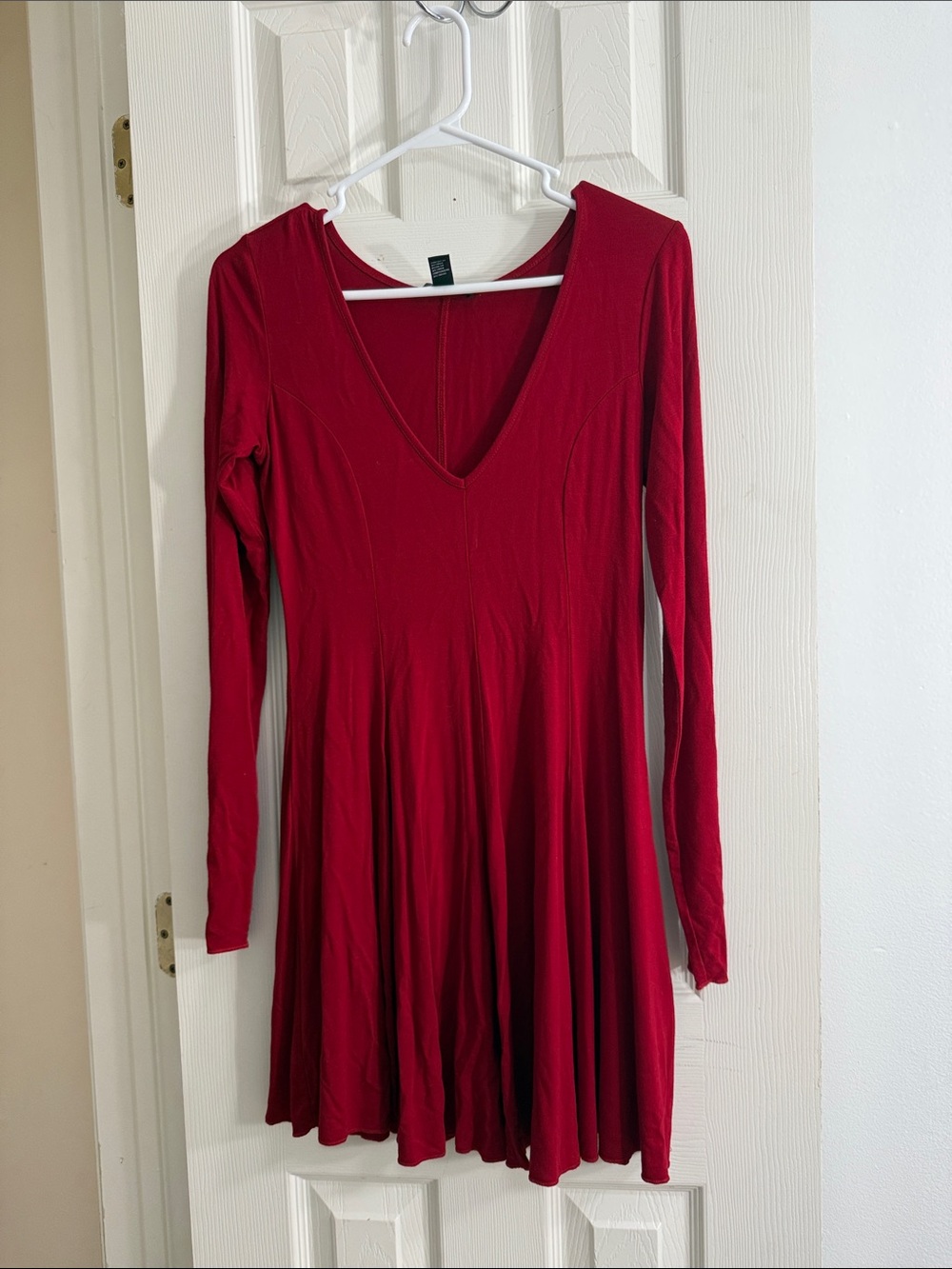 Forever 21 Deep Red Long Sleeve V-Neck Swing Dress